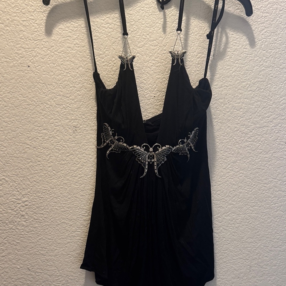 Sky Black Halter Top with Silver Butterfly Accents